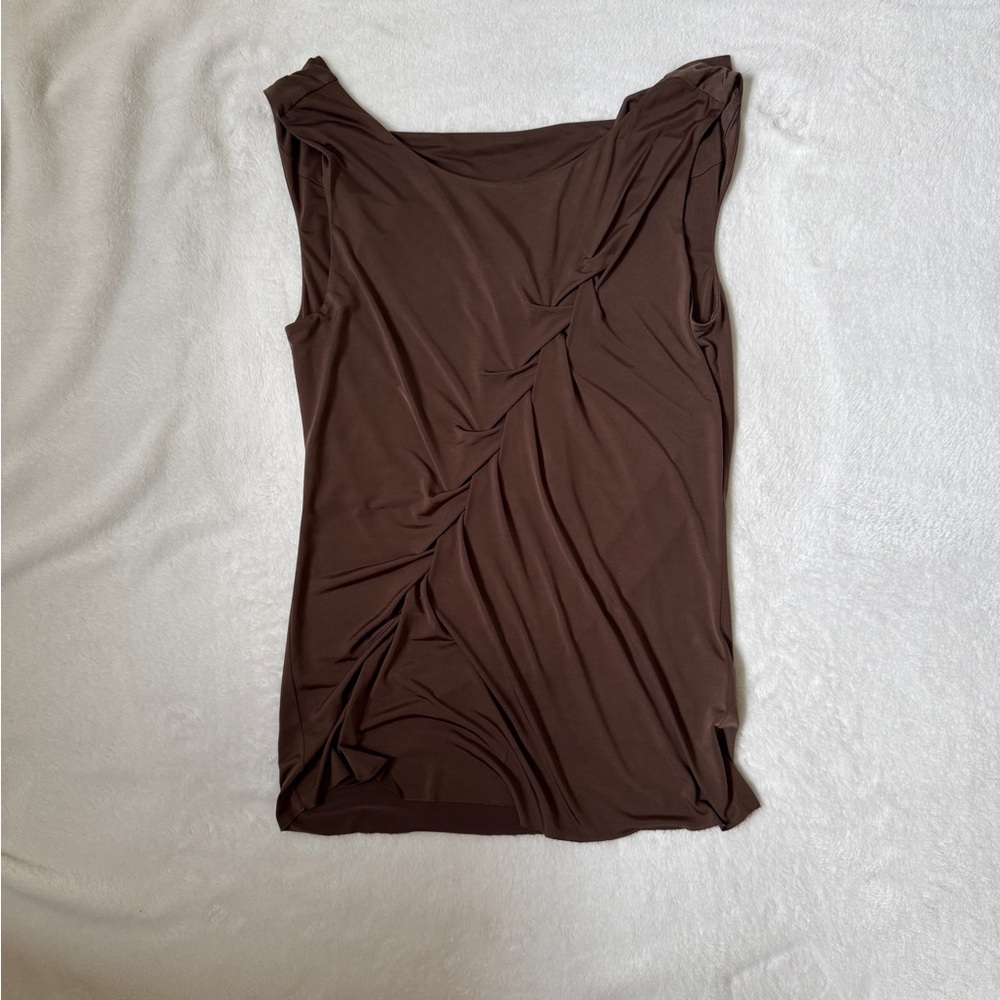 Poleci Brown Asymmetrical Ruched Sleeveless Tank Top